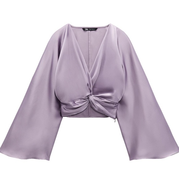 Zara Tops - Zara Lavender Satin Knot-Front Crop Top